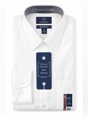 Men’s White Dress Shirt George Modern Fit M 38-40 Stretch Wrinkle Resistant NWT